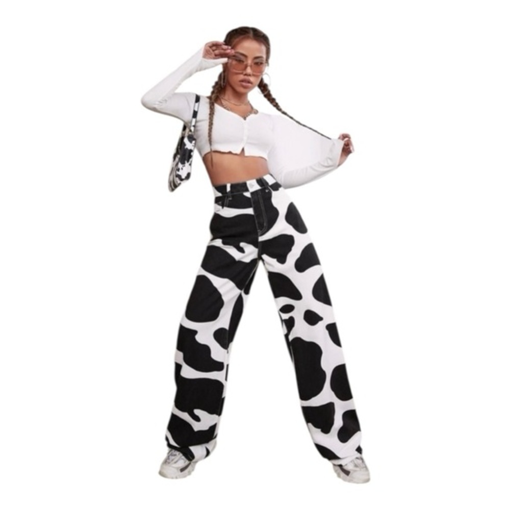 SHEIN cow print denim‎ straight leg jeans size XS